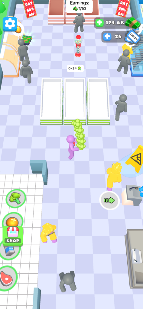 Shopping Mall 3D - A character in Shopping Mall 3D carrying a stack of green produce to stock shelves in a grocery store