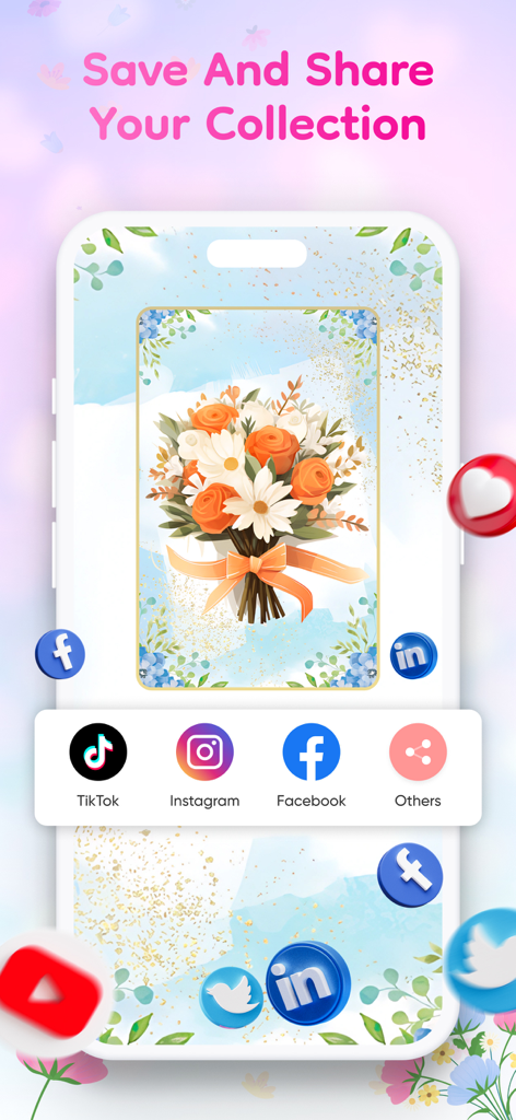 カスタムフラワーブーケの壁紙をTikTok、Instagram、Facebookで共有するオプションを示すFloralWhisperアプリインターフェース