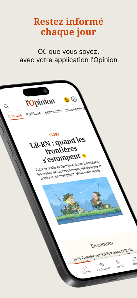 l'Opinion - L'Opinionのフランスの政治記事とナビゲーションメニューが表示されたiPhone画面
