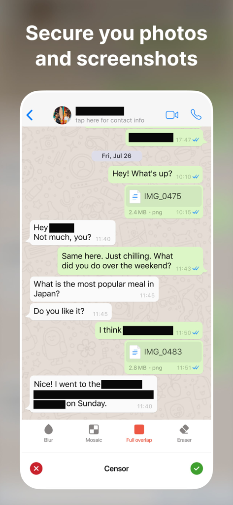Censor: Face Blur & Pixelate - A messaging app screenshot with names and sensitive text blacked out using the Censor app tools.