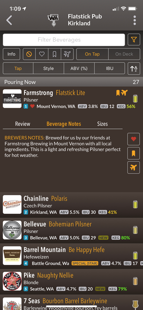 DigitalPour - Pocket Beer Menu - DigitalPour mobile app interface displaying a live beer menu with ABV IBU and keg level percentages at Flatstick Pub.
