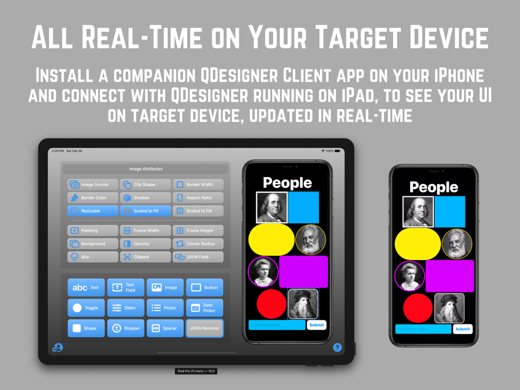 QDesigner - iPad showing the QDesigner interface syncing an app UI design in real-time to a companion iPhone app
