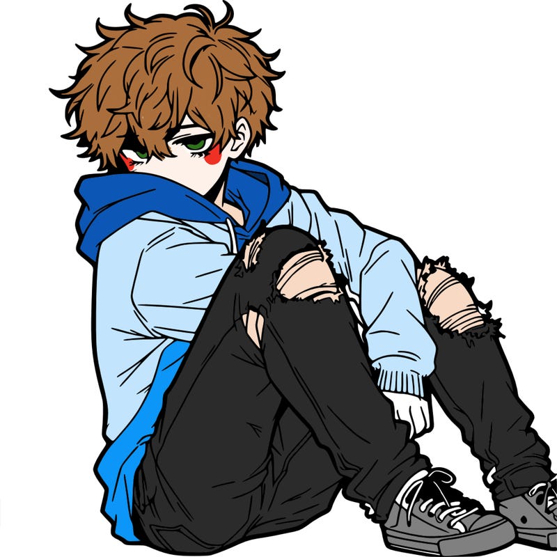 a male hoddie ripped jeans messy hair anime