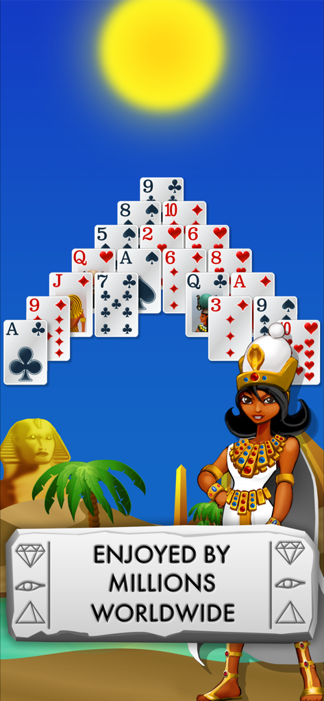 Screenshot of Pyramid Solitaire Egypt showing a pyramid of playing cards with an Egyptian theme and a banner stating it is enjoyed by millions worldwide.