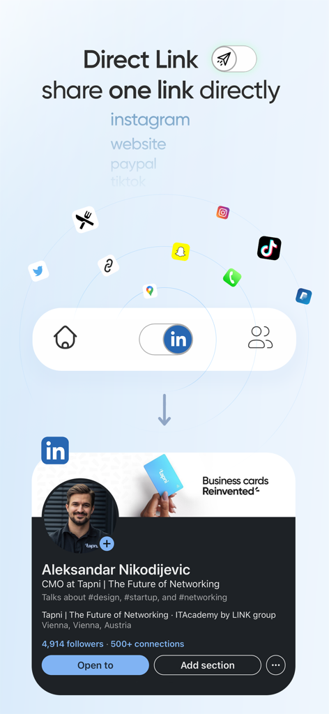 Tapni - Digital Business Card - Interfaz de la aplicación Tapni mostrando la función de enlace directo para compartir un perfil de LinkedIn