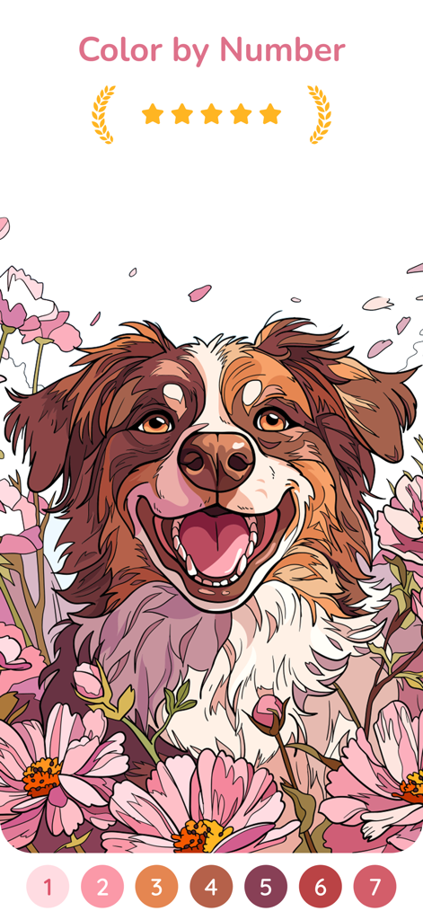 Happy Color by Numbers Game - Screenshot dell'app Happy Color che mostra un'illustrazione di un cane sorridente con fiori rosa e una tavolozza di colori per numero