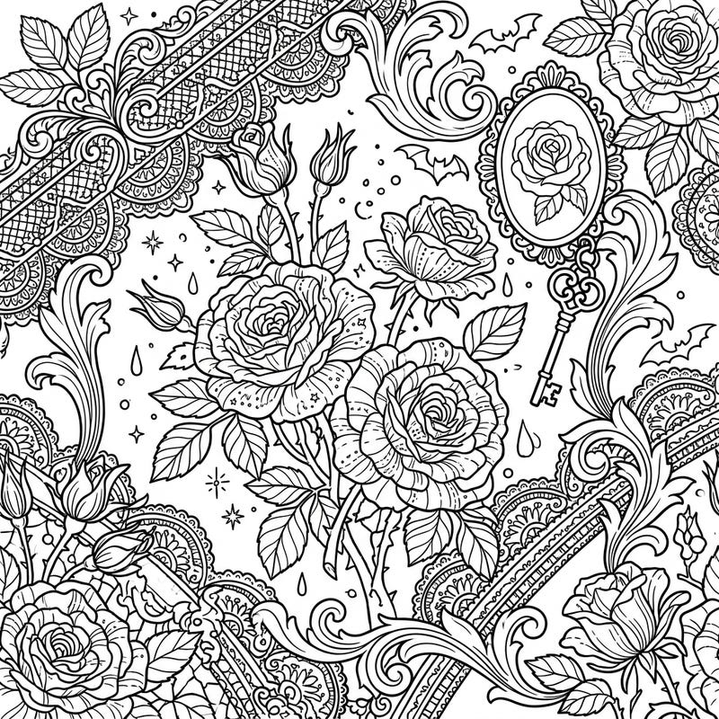 Dive into a world of dark romance with our Gothic English Roses coloring page. This intricate design blends classic floral beauty with mysterious Victorian details, perfect for a captivating artistic escape.