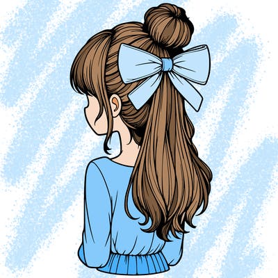 realistic girl  with hip length hair a bun and a big bow on the back of head
