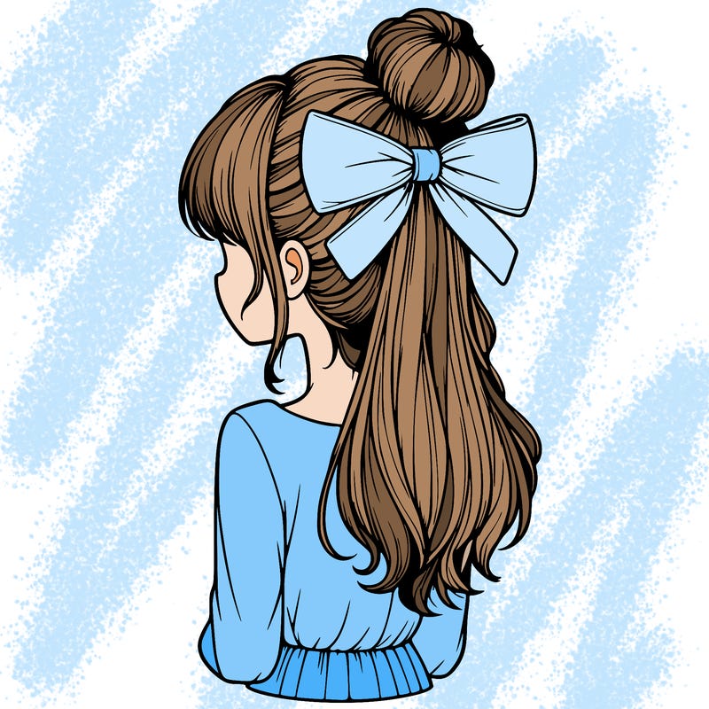 realistic girl  with hip length hair a bun and a big bow on the back of head