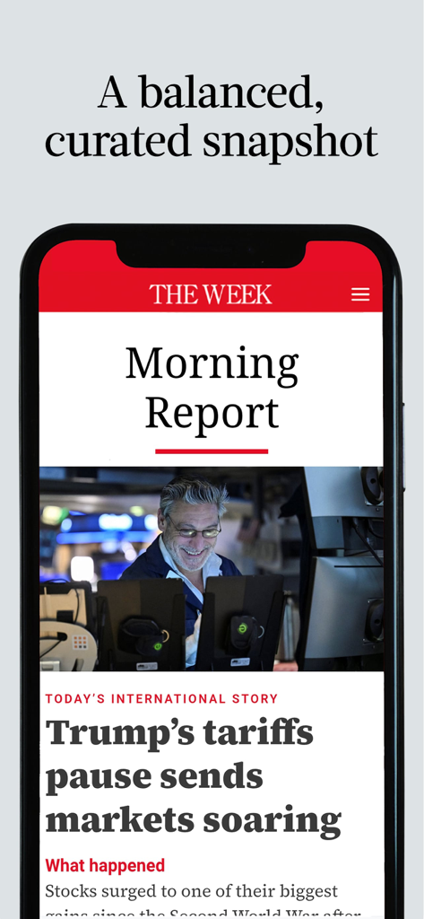 Un écran d'iPhone affichant l'application d'actualités The Week UK Edition avec un titre de rapport matinal sur les marchés internationaux.