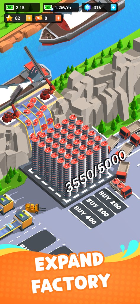 Seafood Inc - Uno screenshot di gioco di Seafood Inc che mostra un'enorme pila di filetti di pesce pronti per la spedizione in una simulazione di fabbrica.