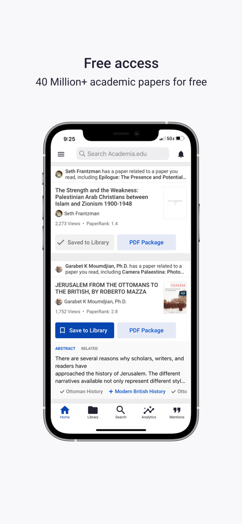 Academia.edu mobile app interface showing free access to over 40 million academic papers.