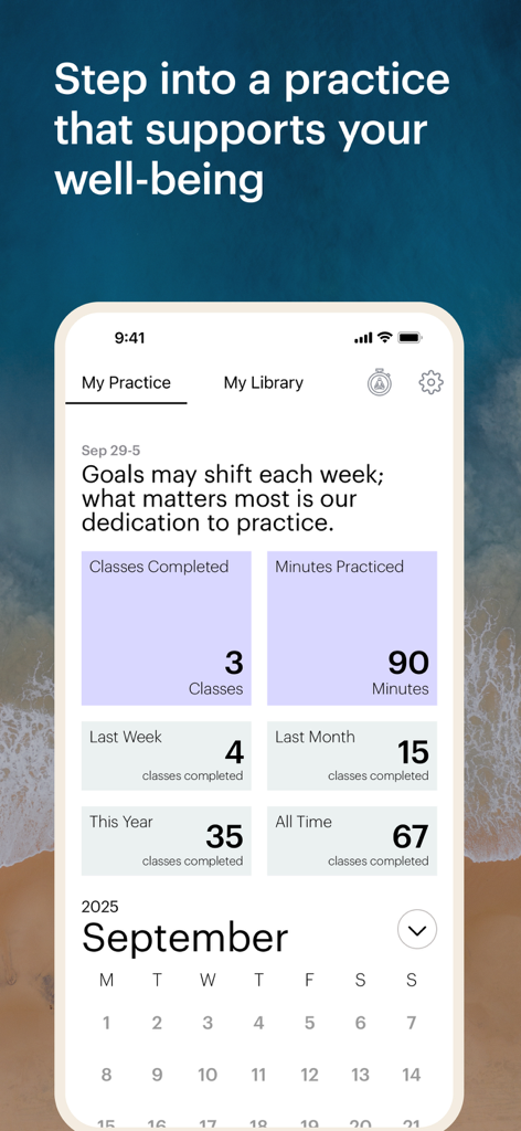 Glo app dashboard showing user practice statistics including classes completed and minutes practiced.