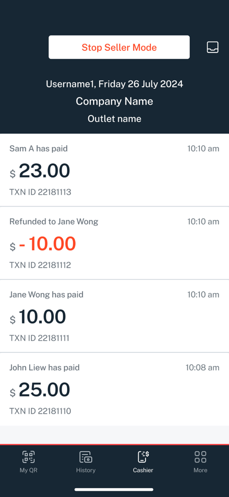 DBS MAX - DBS MAX mobile app screen showing a list of merchant transactions including payments and refunds in seller mode