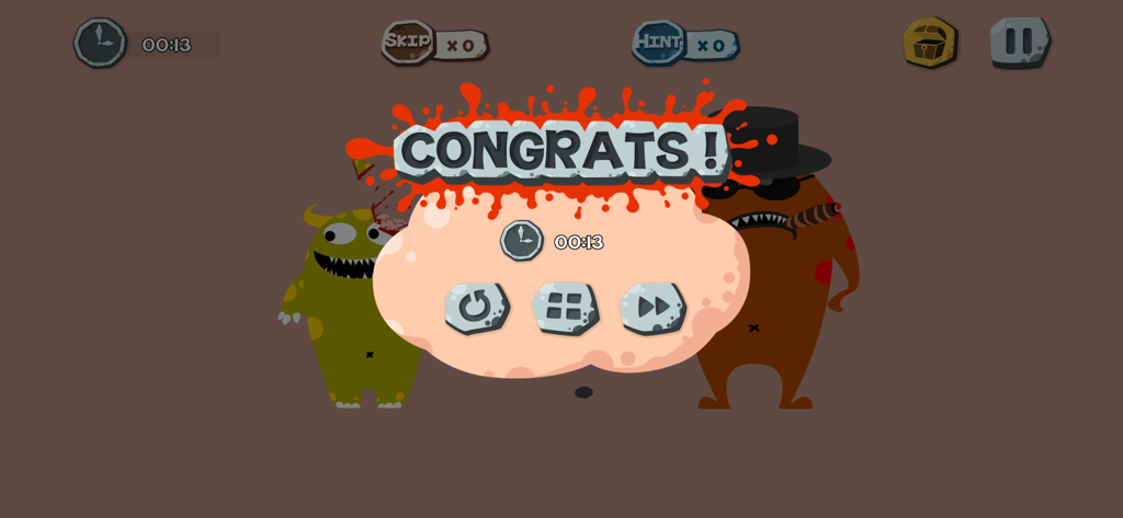 Congrats level complete screen in 100 Ways To Die with cartoon monsters