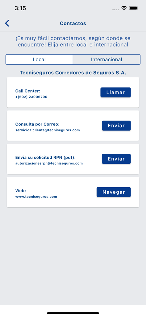 Contacts screen for Tecniseguros support within the RPN healthcare app