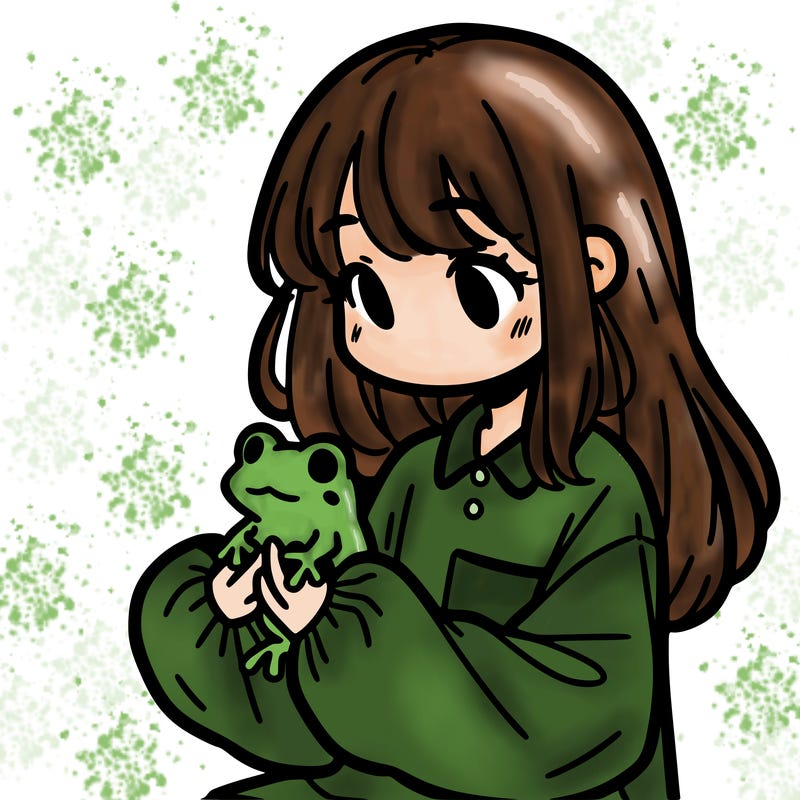 girl with long hair and a oversized shirt. and she is holding a frog