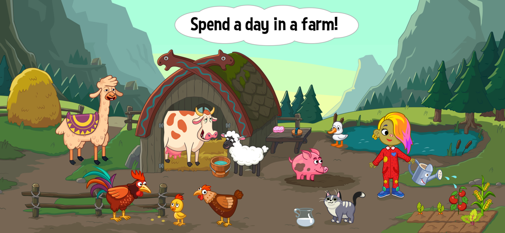 Una escena de granja vibrante de dibujos animados en Pepi Wonder World con una vaca, oveja, cerdo y otros animales, junto con un personaje cultivando.