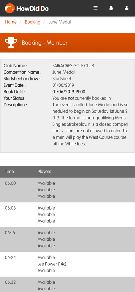 HowDidiDo App - A mobile app screen showing golf competition booking details and a timesheet with available tee times.