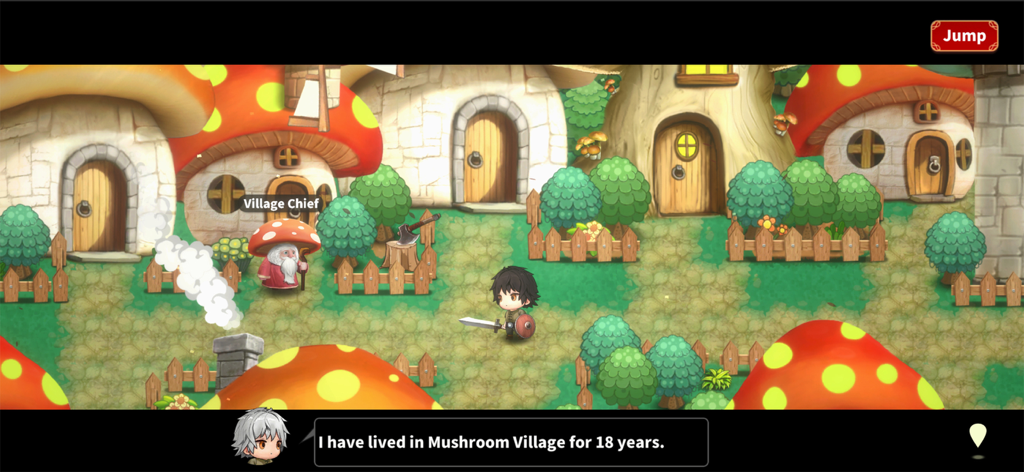 Mushroom Knight - A character in Mushroom Knight talks to the Village Chief in a scenic village with mushroom-shaped houses