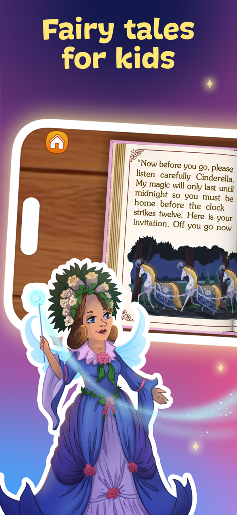 Books for Kids and Toddlers - Libro digital de cuentos de hadas para niños con el cuento de Cenicienta y un personaje interactivo de hada madrina