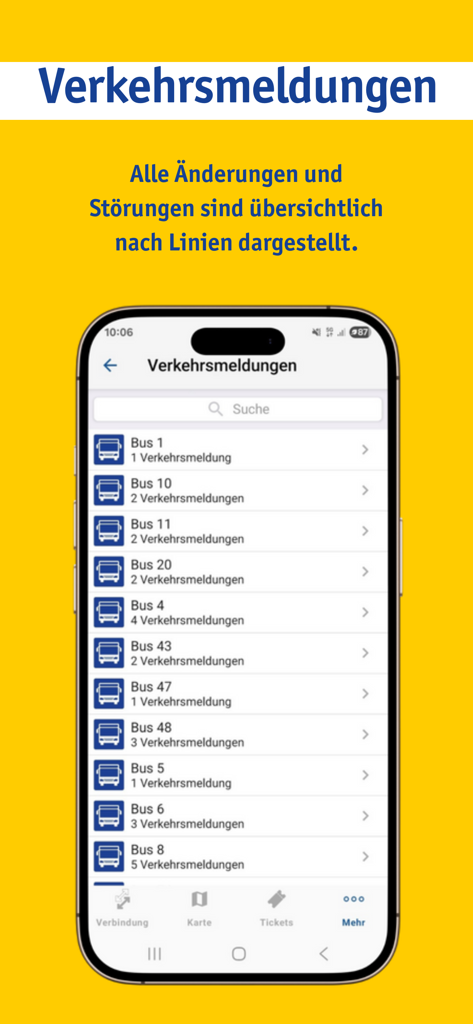 PaderSprinter Mobil - PaderSprinter Mobil app interface showing a list of bus lines with real-time traffic reports and service alerts.
