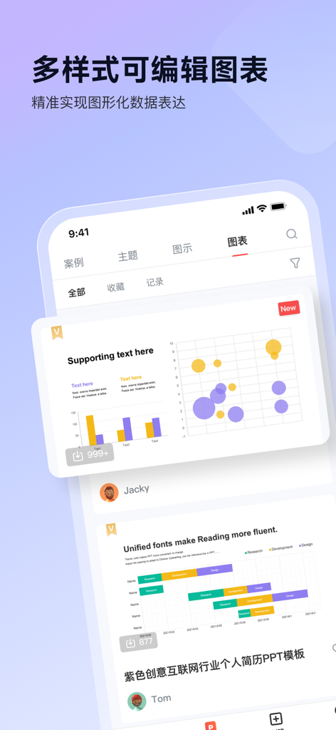 iSlide - 海量PPT模板，专业团队原创设计 - iSlideアプリのモバイルインターフェース。データビジュアライゼーション向けのさまざまなプロフェッショナルで編集可能なPowerPointチャートテンプレートを紹介。