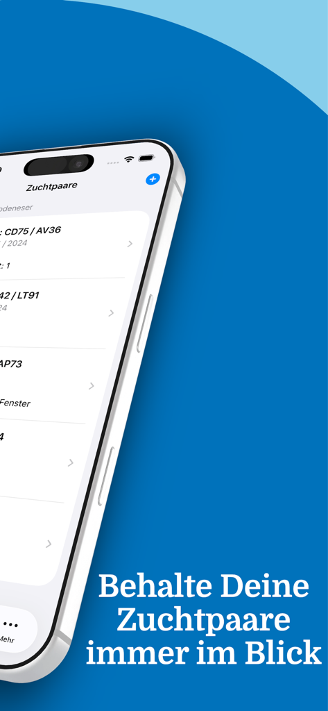 Pigeon Manager - An iPhone screen displaying a list of pigeon breeding pairs within the Pigeon Manager app interface.