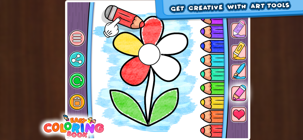 Coloring Games: Learn & Paint - Interface of the Coloring Games app showing a flower being colored with digital art tools