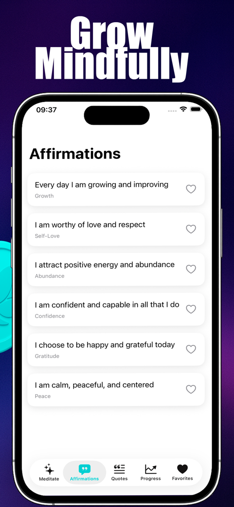 A screen from the MindSync PersonalTracker app showing a list of positive daily affirmations like growth and self-love.