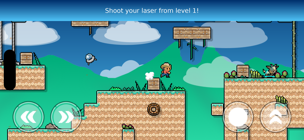 A pixel art character running through a 2D platformer level in the Old Monterrey mobile game with mountains and a goat in the background.