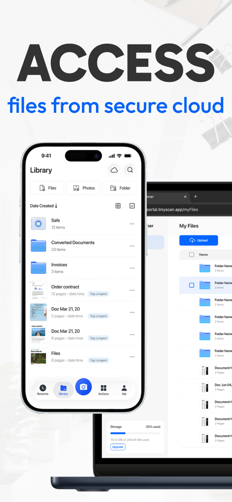Tiny Scanner app library on iPhone and web portal on laptop showing secure cloud file synchronization