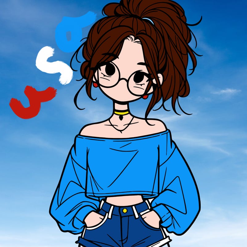 girl with a messy ponytail glasses a baggy crop top and jean shorts