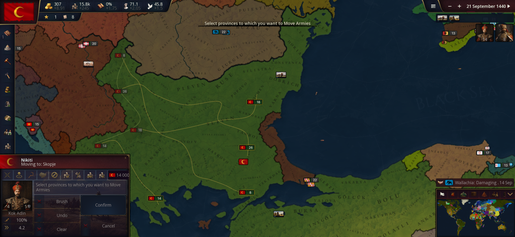 Una captura de pantalla del juego Age of History 3 que muestra el movimiento de tropas a través de un mapa histórico detallado de los Balcanes y la región del Mar Negro.