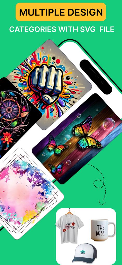 Design Studios Of Cricut - Interface do aplicativo mostrando várias categorias de design com arquivos SVG para projetos Cricut, incluindo camisetas e canecas personalizadas