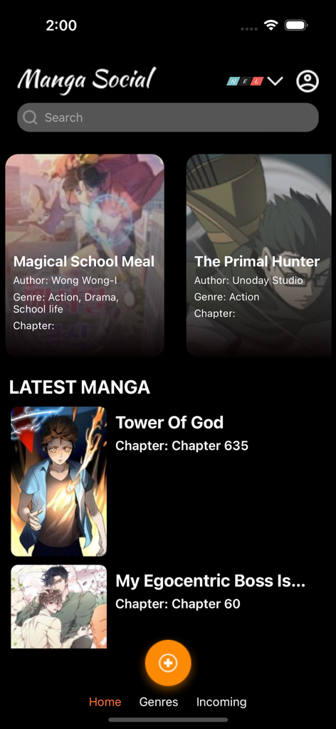 Manga Reader mangatoon geek - Manga Social app home screen showing featured series like Tower of God and The Primal Hunter with a dark mode interface.