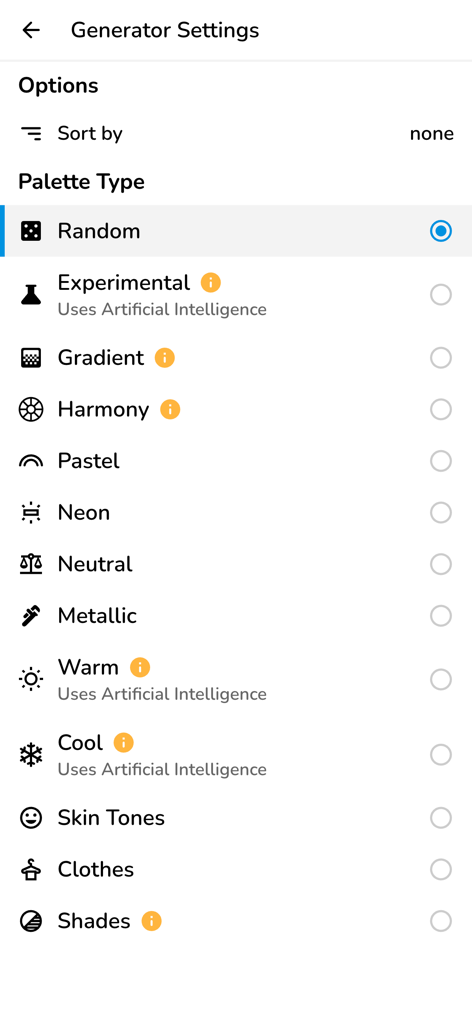 Generator settings screen in the Pigments app showing color palette options including AI, gradient, harmony, and neon modes