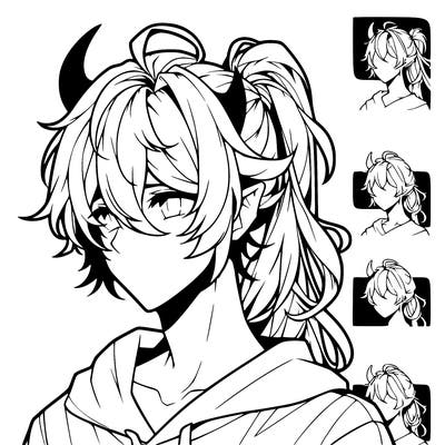 realistic hot anime boy with horns and long messy hair put in a pony tail