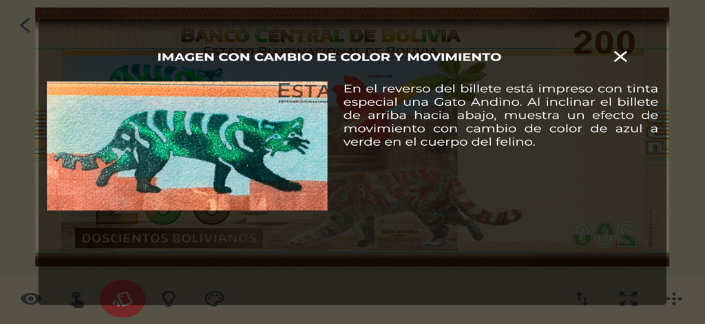 Billetes de Bolivia - Demostración de la característica de seguridad de gato andino de cambio de color en un billete de 200 bolivianos
