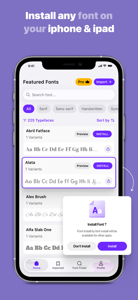 Fonts - Find, install any font - iOS 기기에 미리 보기 및 설치 옵션과 함께 추천 글꼴 목록을 표시하는 iPhone의 모바일 앱 인터페이스