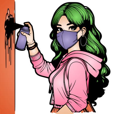 realistic girl with mask spray painting a wall