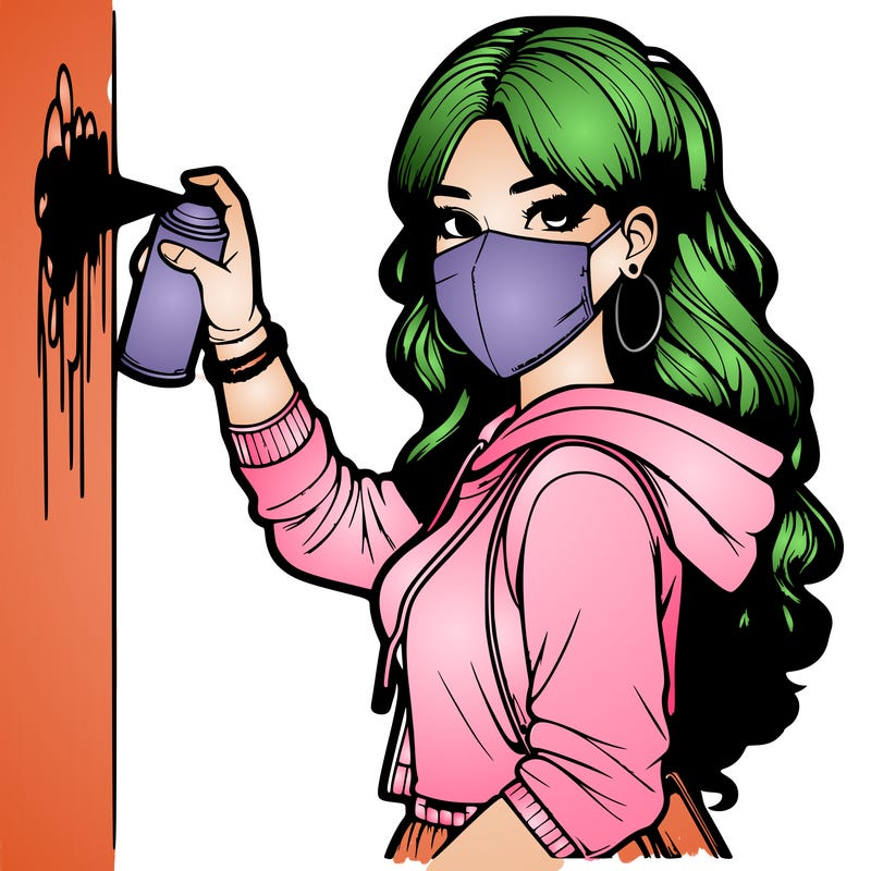realistic girl with mask spray painting a wall