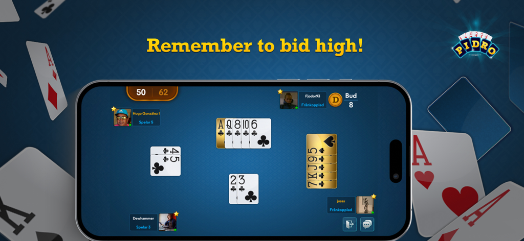 Gameplay screen of Pidro card game on a smartphone showing a multiplayer match and bidding tip.