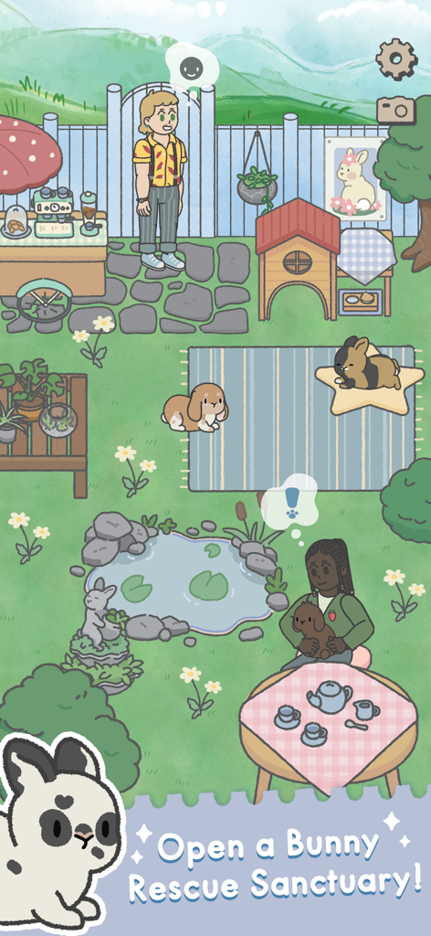 Bunny Haven의 아늑한 정원 안식처에서 손님들이 구조된 토끼들과 교감하는 모습