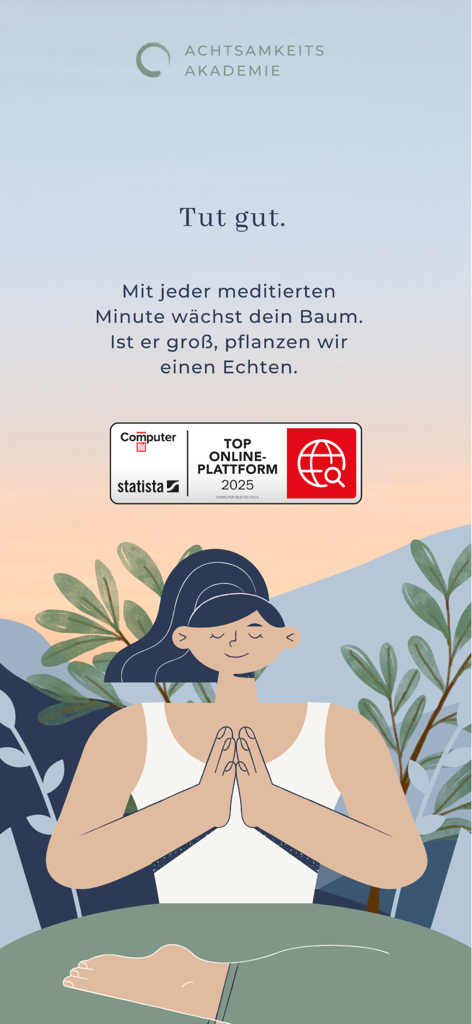 Achtsamkeitsakademie - Eine Illustration einer Frau, die in einer natürlichen Umgebung meditiert, mit einer Nachricht über das Pflanzen echter Bäume durch die App