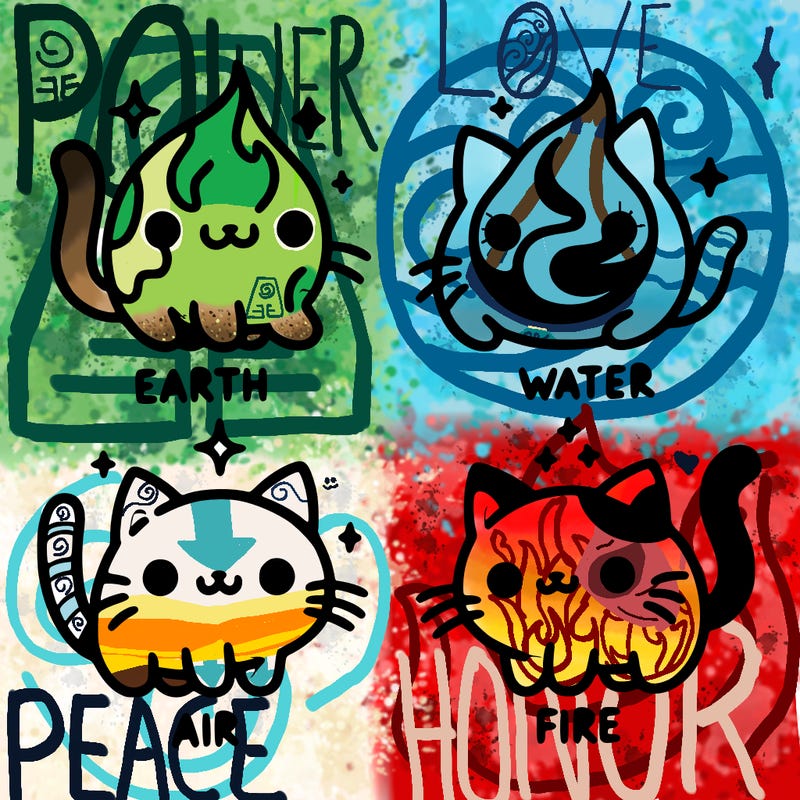 4 cats that represent the different elements, earth, water, air, and fire