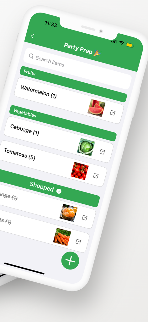 Grocery Shopping List Pro - Categorized grocery shopping list with product images on a mobile app interface