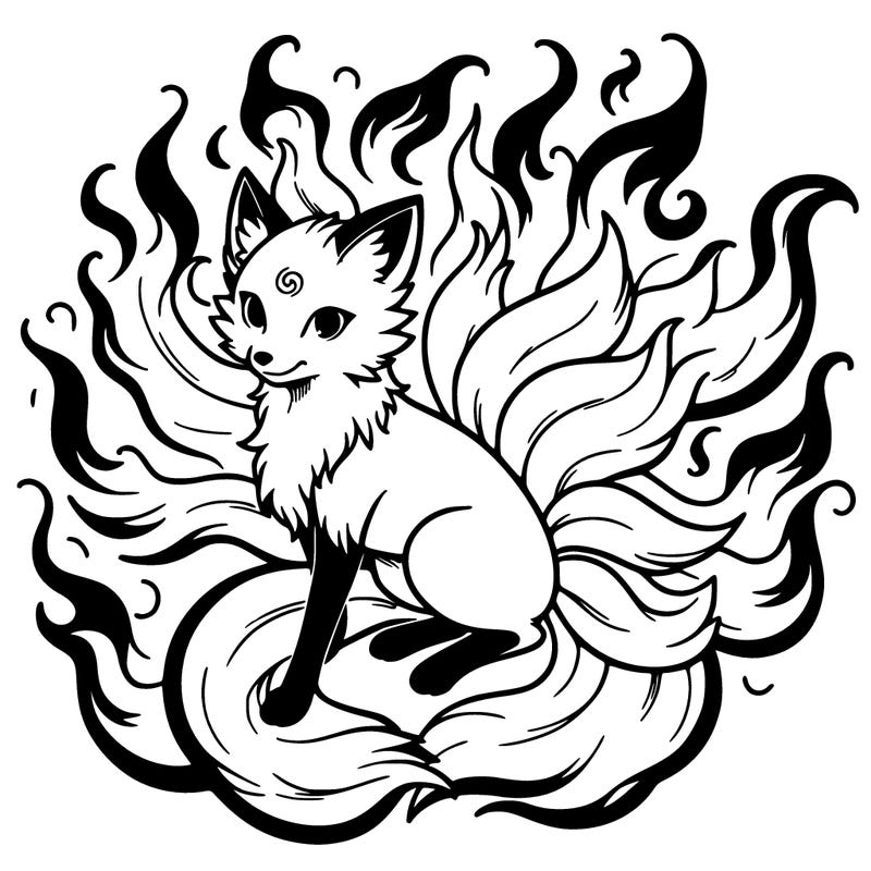 ninetails, fiery fox-wolf, flames