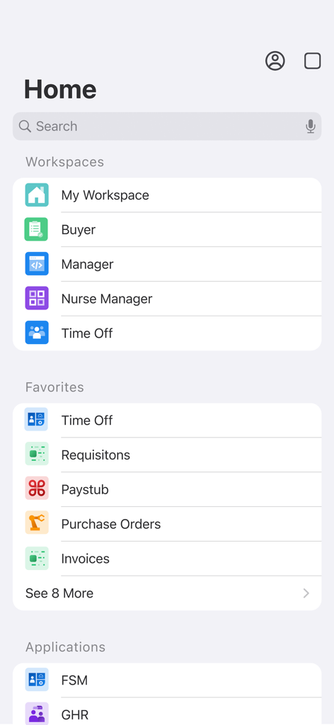 Infor Go - Infor Go home screen featuring workspaces favorites and application shortcuts for enterprise management