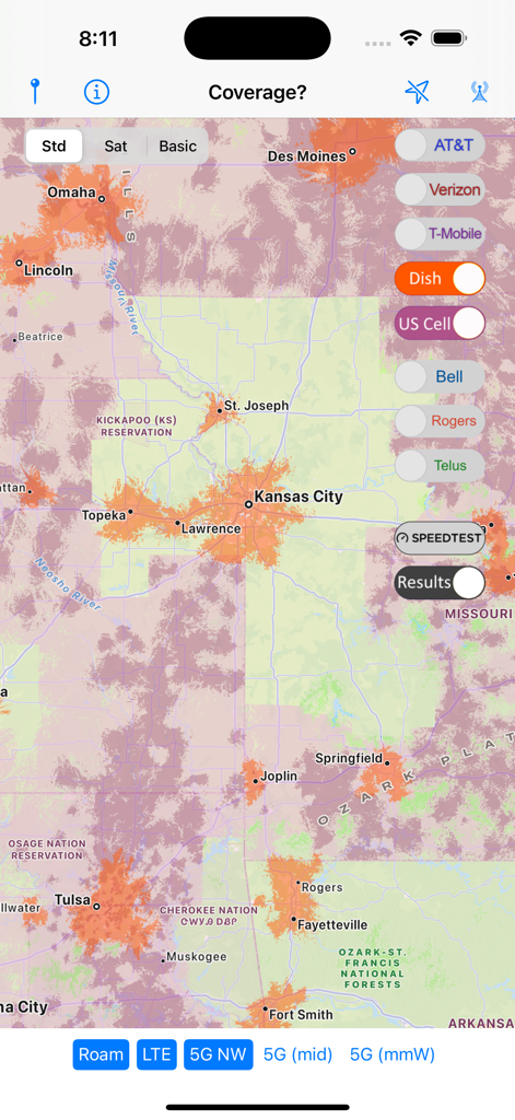 A cellular coverage map showing Dish network signal strength in the Kansas City region.